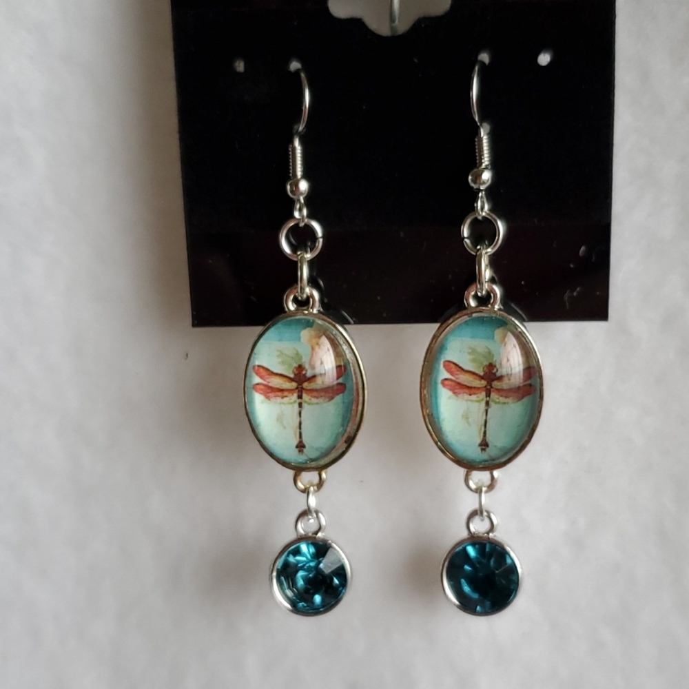 Womens silver & blue dragonfly hook earrings